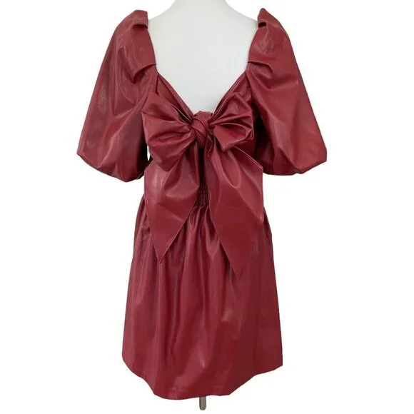 Mare Mare x Anthropologie Red Faux Leather Puff Sleeve Bow Back Dress Medium - Picture 3 of 14